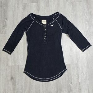 Y2K Hollister Fitted Henley Shirt Top 3/4 Sleeves Twilight Bella Swan Navy Blue